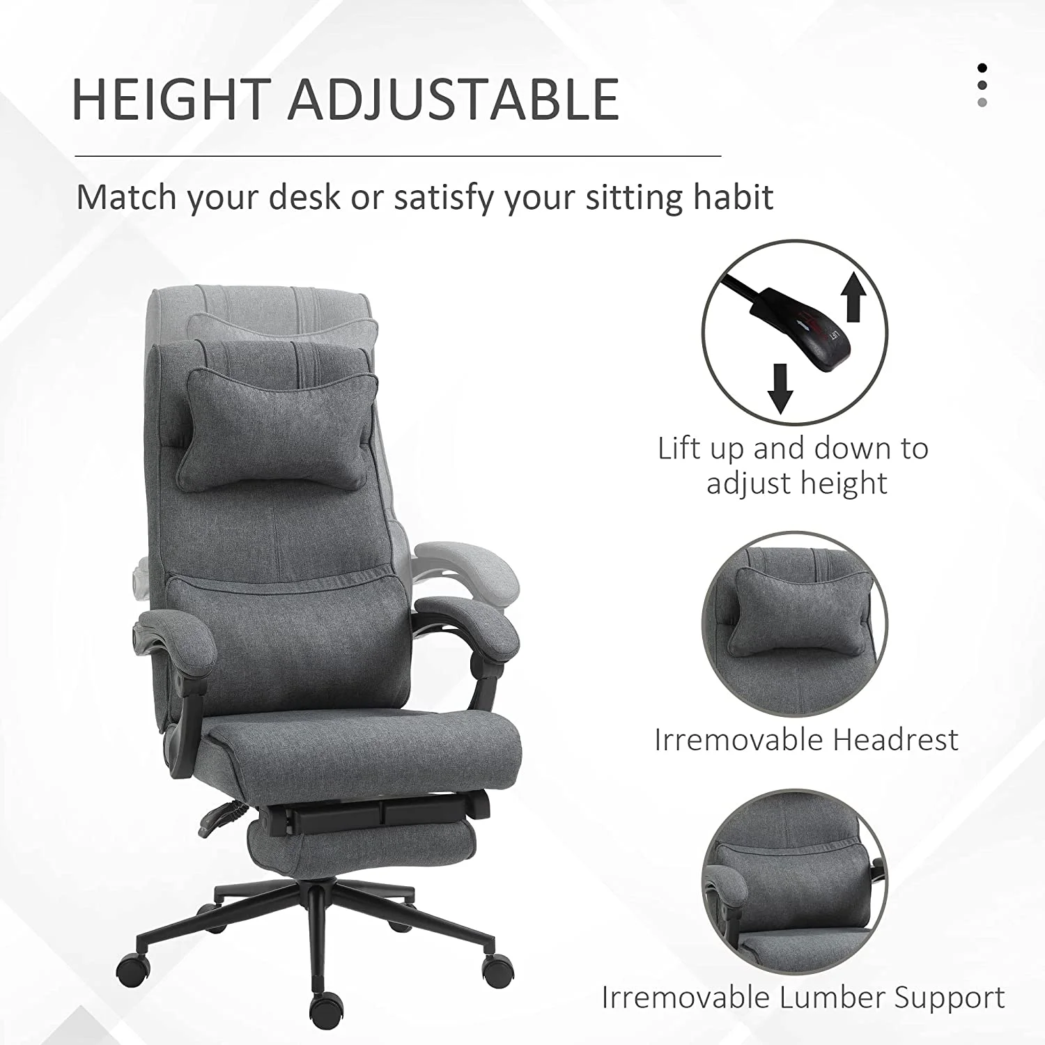 High Back Executive Office Chair, Reclining Computer Desk Chair With Footrest, Height Adjustable Fabric Office Chair With Headrest And Lumbar Support