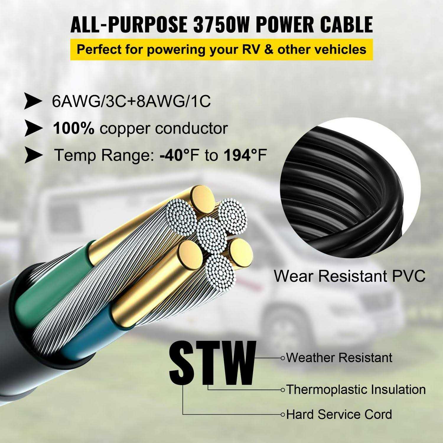 VEVOR RV Shore Power Extension Cord 36FT 50 Amp Weatherproof Heavy Duty 6/3 + 8/1 STW Twist Lock Cord 50 Amp RV Replacement Cor