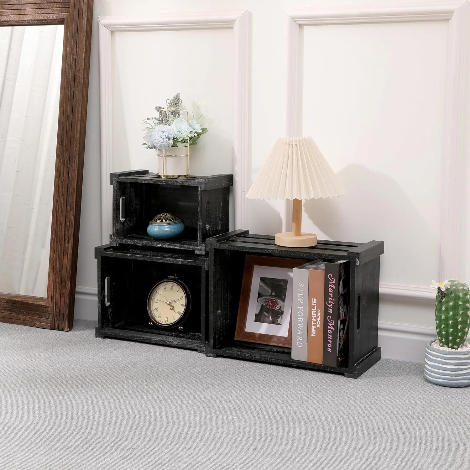 Large Classic Black Wooden Crates For Dispaly,Set Of 3 Wood Crates With Handles,Rustic Handmade Wood Boxes For Storage Or Display