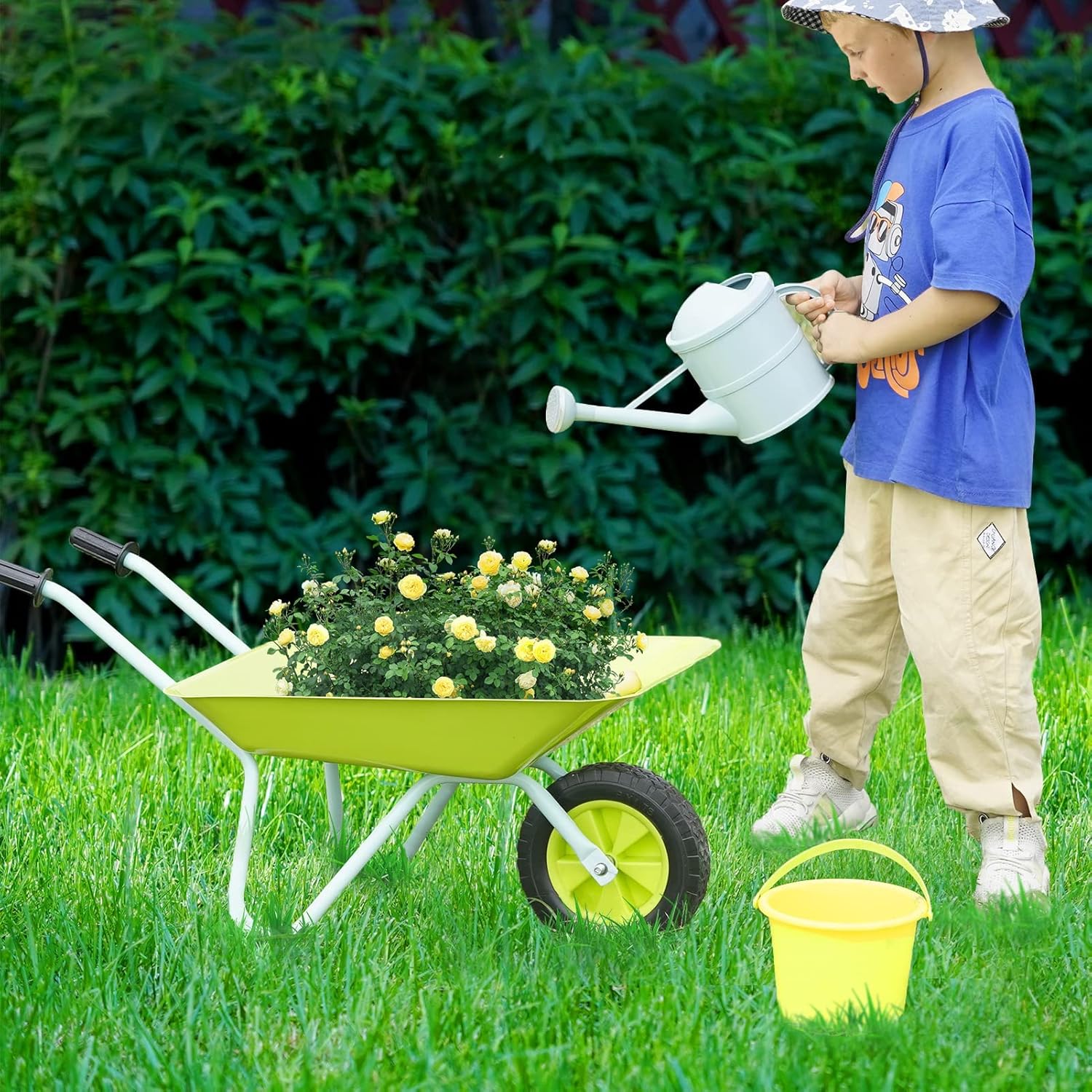 STBoo Kids Wheelbarrow Gardening Tools Set, Metal Child Wheel Barrel with Hand Rake, Shovel, Mini Garden Carts Outdoor Play Yard Work
