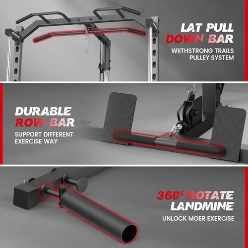 Smith Machine with LAT-Pull Down, Multi-Functional Smith Machine, Power Cage with Cable Crossover, Squat Rack with Landmine, Barbell Bar