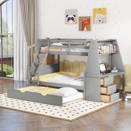 Twin Over Full Bunk Bed with Desk and Trundle, Wooden Bunk Beds Twin over Full Size with Storage Drawers and Shelf