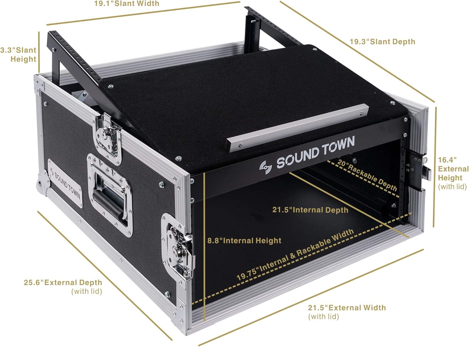 Sound Town 4U PA DJ Rack/Road Case with 11U Slant Mixer Top, 20’’ Rackable Depth, 4-Space Size - Pro Tour Grade (STMR-4US)