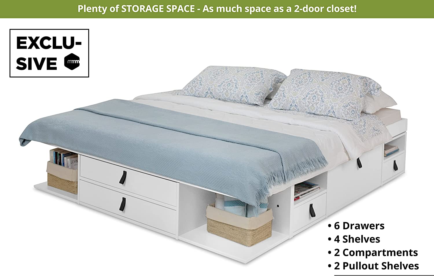 Memomad Set Bali White: Storage Bed Super King 6FT (180x200 cm) + Headboard 205 + Slatted Frame. Sturdy double bed frame and headboard with drawers