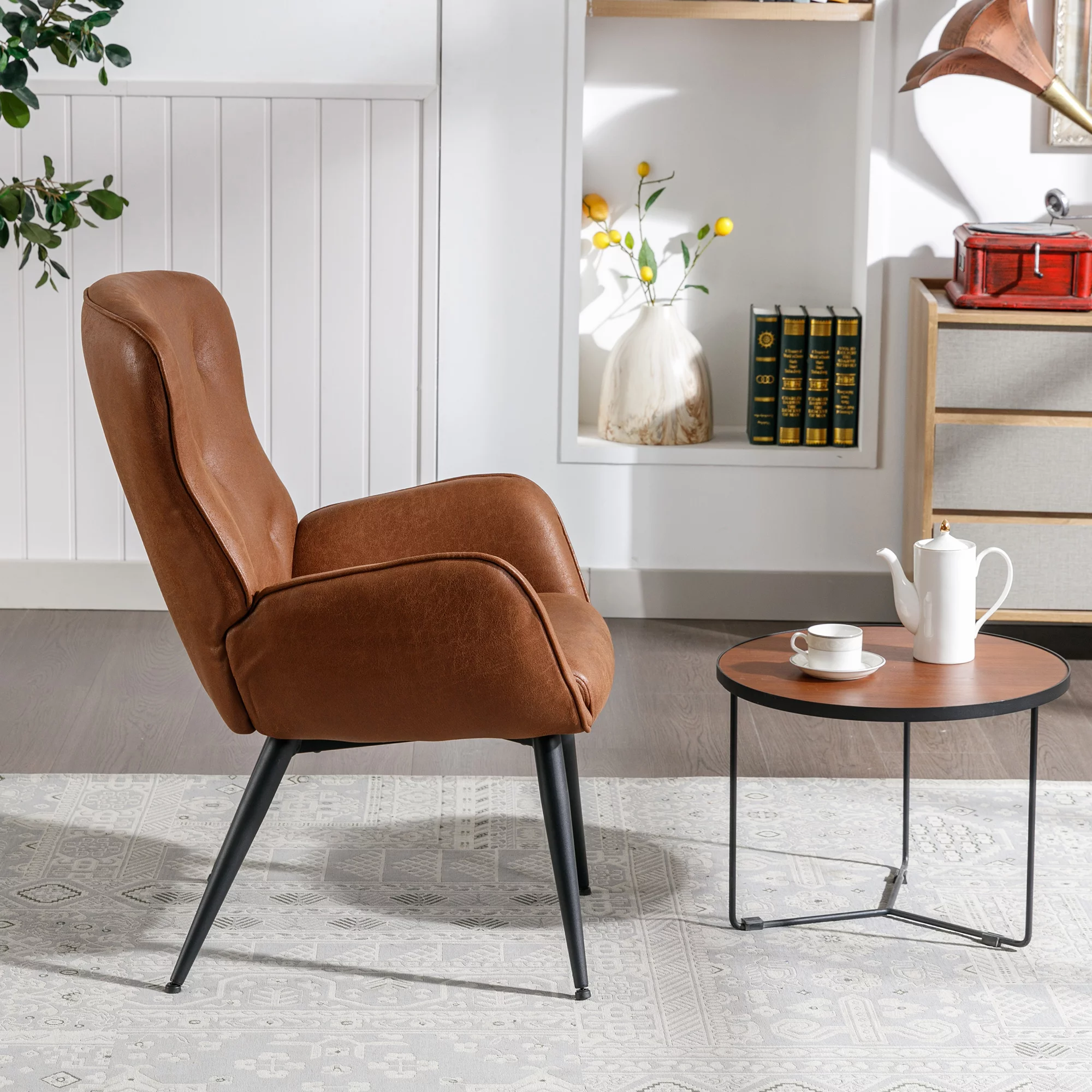 BFZ Faux Leather Accent Chair with High Back Design, Armchair with Metal Legs in Modern Style, Comfy Upholstered Wingback Chair for Living Room