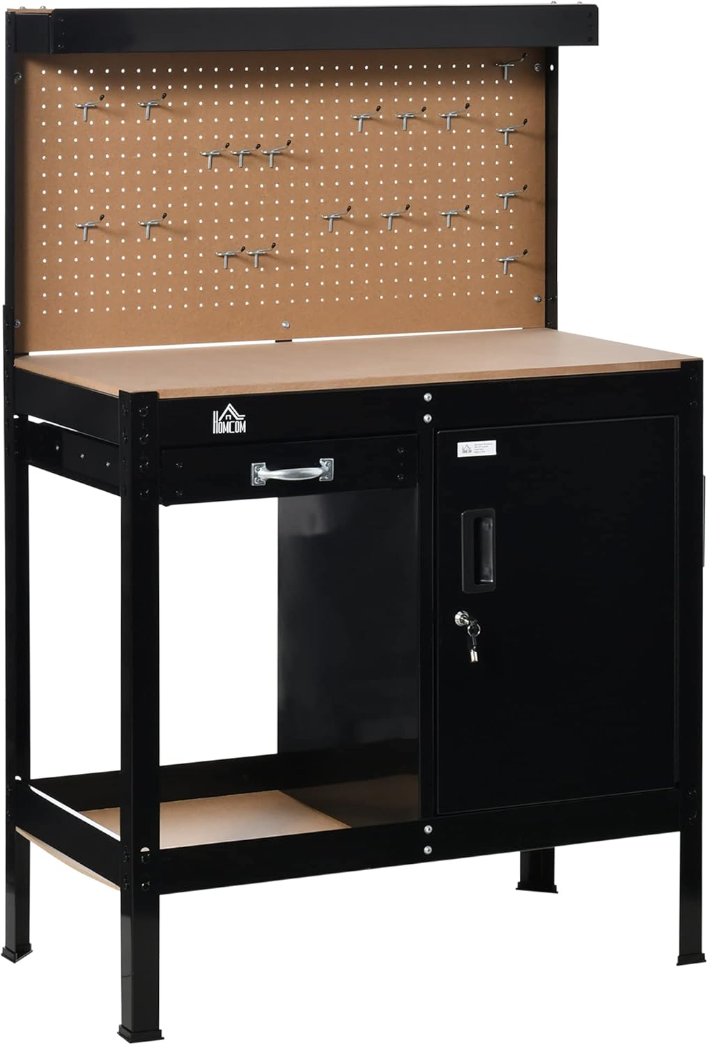 HOMCOM Multipurpose Workbench, Workshop Tool Table with Slide Drawer. Peg Board, Storage Cabinet with Keys