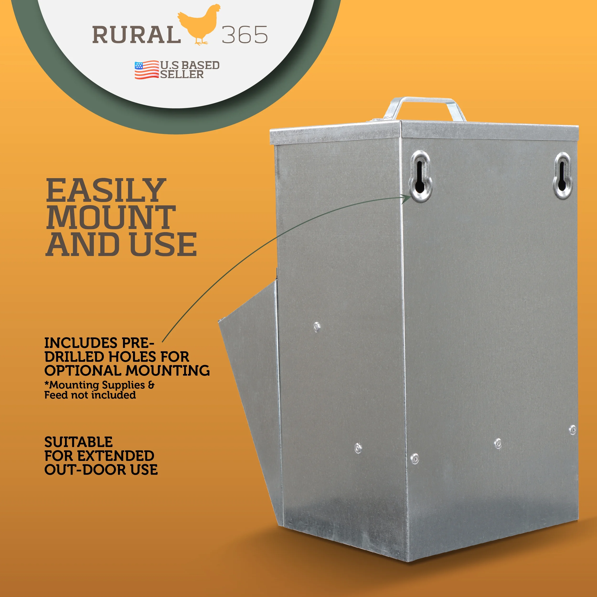 Rural365 11.5lb Capacity Galvanized Chicken Feeder Weatherproof Coop Dispenser
