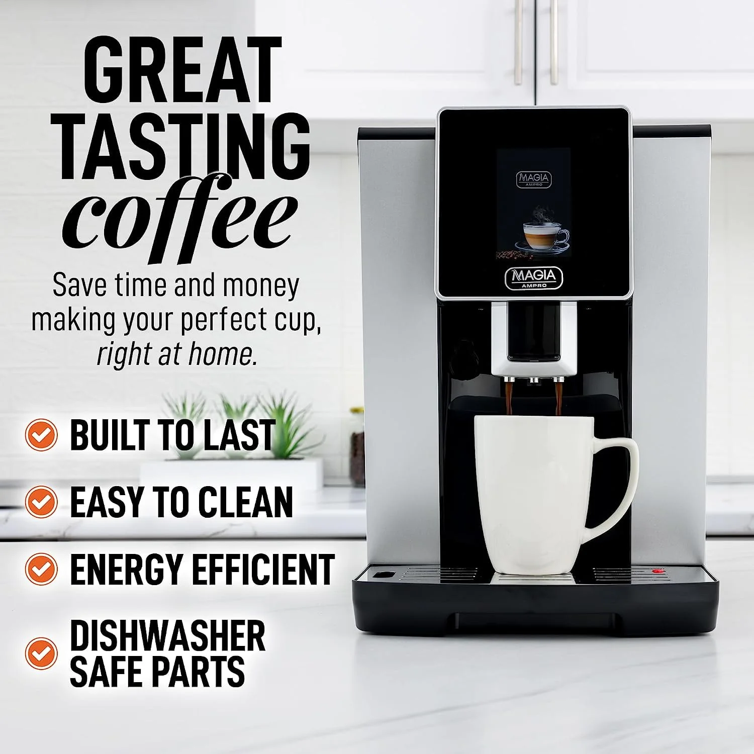AMPRO Automatic Espresso Machine with Grinder, Super Automatic Coffee Machine and Milk Frother - Black Silver