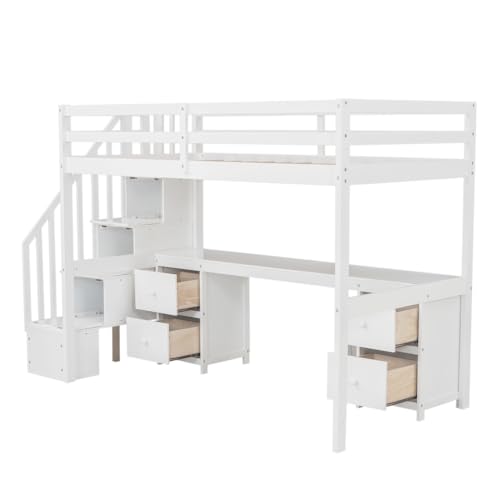 Loft Bed Twin Size, Twin Loft Bed with Desk and 2 Drawers, Storage Stairs, High Guardrail, Pine Frame, Space Saving, Wood Loft Bed for Bedroom (Gray)