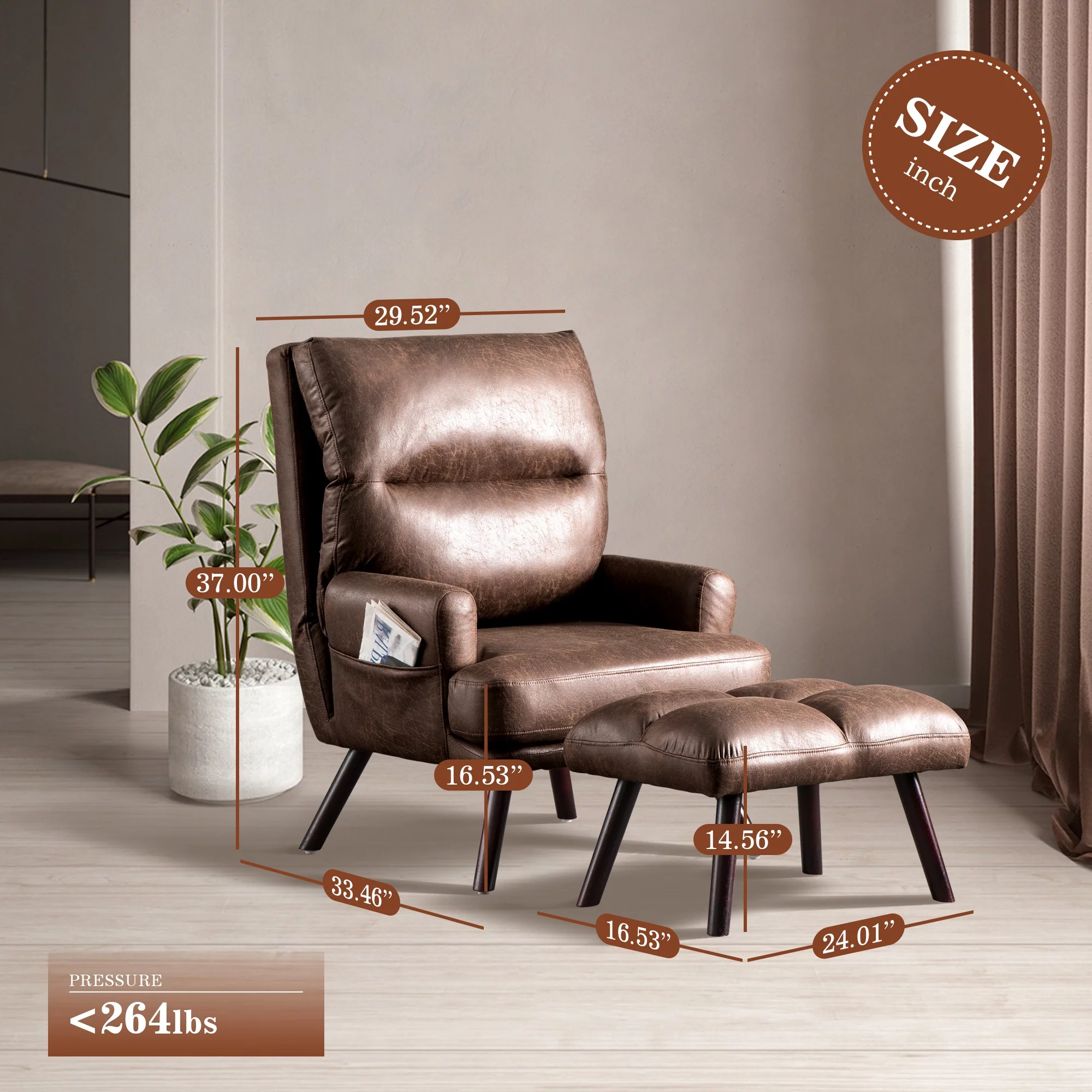 Ovios Living Room Chair with Ottoman Modern Accent Chair with Adjustable Backrest and a Side Pocket