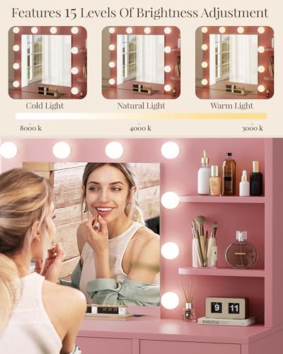 Vanity Desk with Mirror and Lights, Makeup Vanity with Drawer & Storage Shelves, Cabinet, 3 Lighting Modes Adjustable Brightness