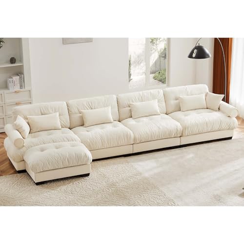 130" Modular Sectional Sofa,Velvet Upholstered Couches for Living Room,3 Seater Green Sofa Couch with Movable Ottoman