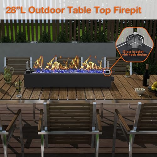 28-inch Table Top Propane Fire Pit, 40,000 BTU Tabletop Firepit for Patio, Outdoor Portable Fireplace Rectangular Fire Bowl w/Wind Glass Shield