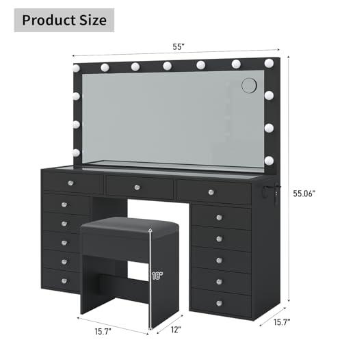 55" W Vanity Desk, Makeup Vanity with Charging Station, 15 Drawers with Lighted Mirror, 3 Lighting Modes, Brightness Adjustable, Glass Top
