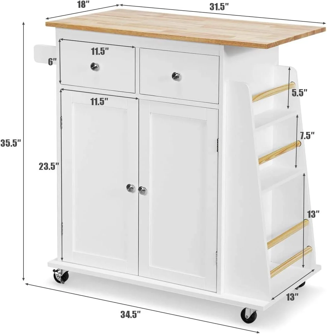 AUGESTER Kitchen Utility Cart, Multifunctional Wooden Trolley with Rollers, Kitchen Storage Trolley with Cabinet, Towel Rack, 2 Drawers
