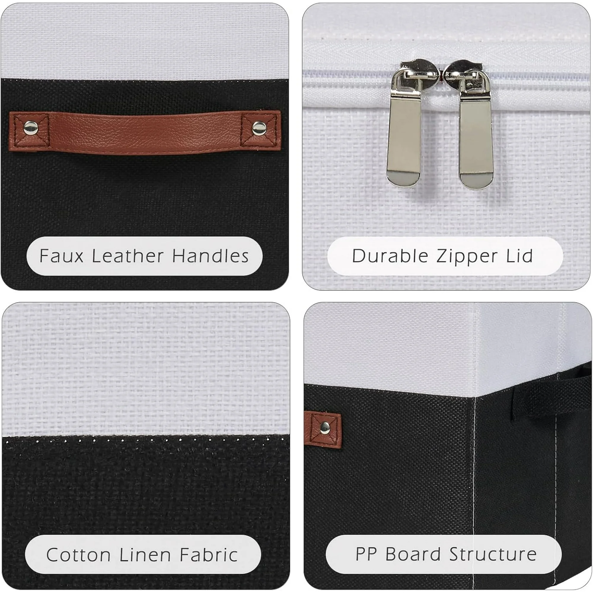 Storage Bins with Zipper Lid Cotton Linen Fabric Lidded Storage Baskets Boxes Foldable Washable Closet Shelf Clothes Organizer Container with PU