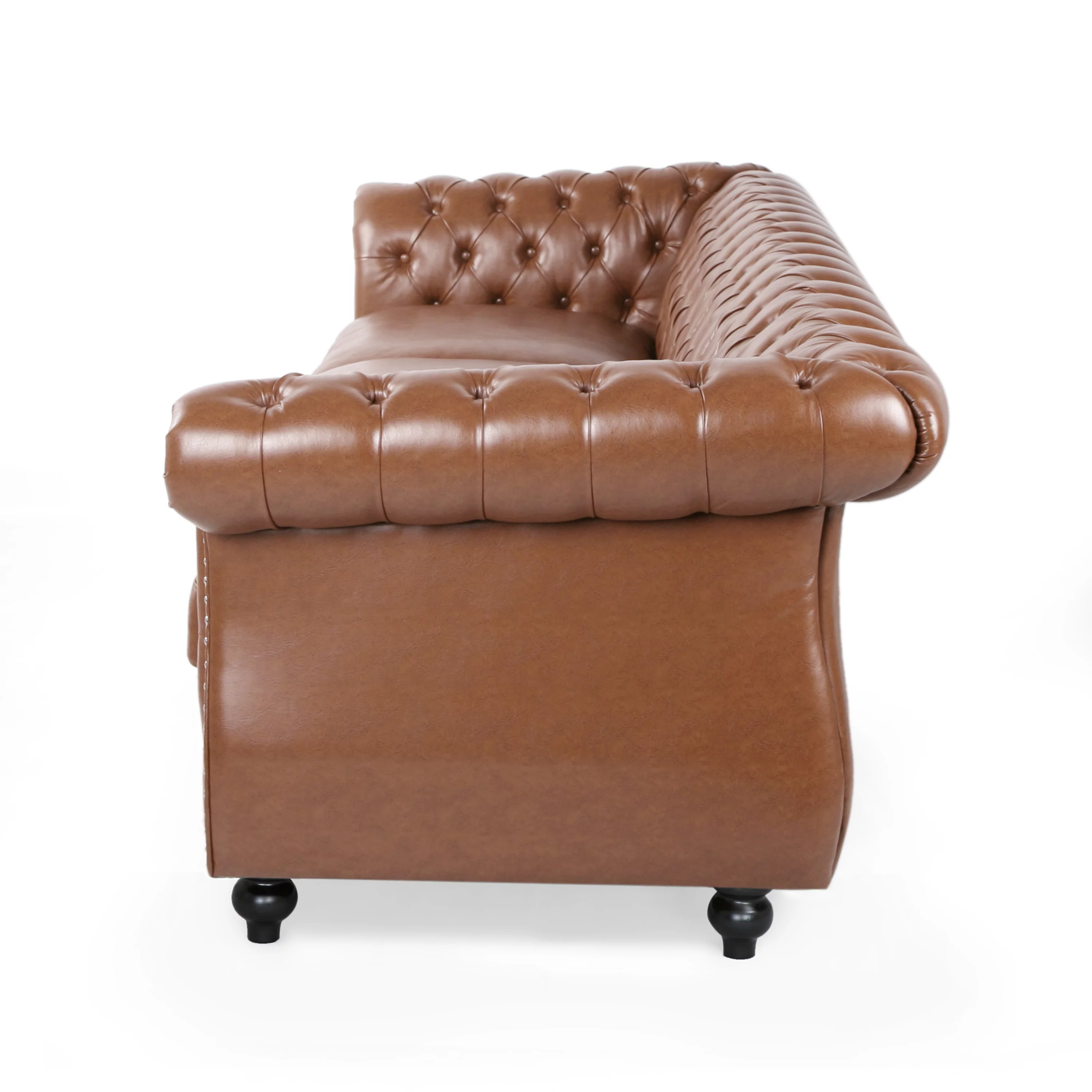 GDF Studio Kyle Chesterfield Tufted 3 Seater Sofa with Scroll Arms, Cognac Brown Faux Leather and Dark Brown