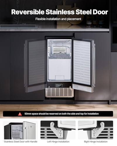 VEVOR Under Counter Ice Maker Machine, Crescent Ice, 25 Lbs/Day Stainless Steel Built in Ice Maker with Reversible Door