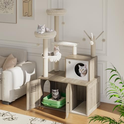 Litter Box Enclosure with Cat Tree Tower and Condo,Hidden Pet Washroom Furniture with Sisal Scratching Post,Hammocks,Condo,Multiple Platform