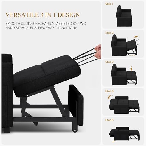 DWVO 55" Convertible Sofa Bed, 3-in-1 Sleeper Sofa with Pull-Out Bed, Linen Futon Couch with Adjustable Backrest and Side Pocket