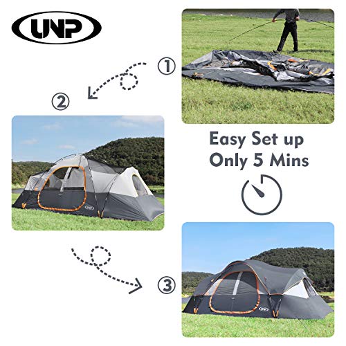 UNP Camping Tent 10-Person-Family Tents, Parties, Music Festival Tent, Big, Easy Up, 5 Large Mesh Windows, Double Layer, 2 Room, Waterproof