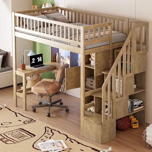 Gaming Bed with Desk,Wardrobe,Ample Storage Space,and RGB LED Light, Full Size Wood Loft Bed for Kids Bedroom (Cloud Blue/K)