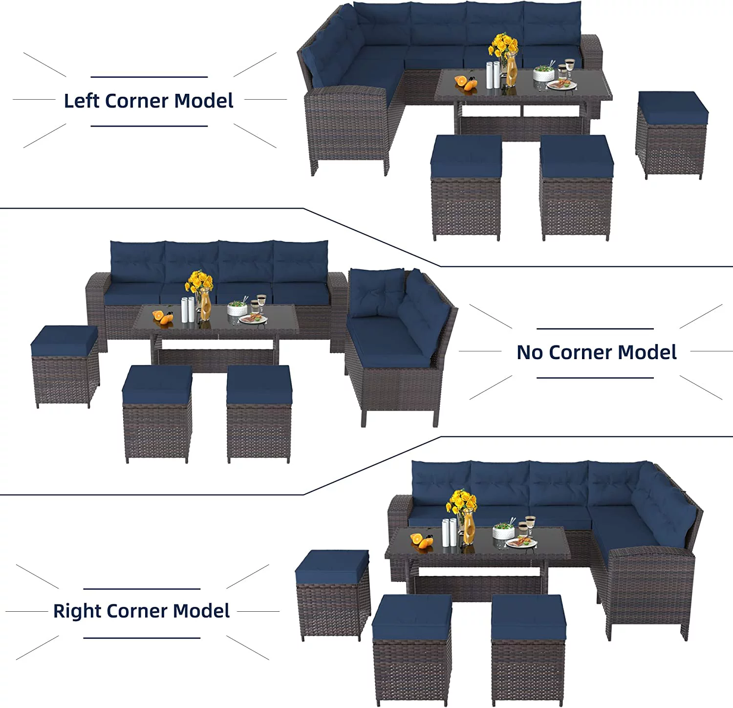 ALAULM 7 Pieces Outdoor Patio Furniture Set with Dining Table Outdoor Dining Set Sectional Sofa Brown Rattan Patio Conversation Set with Red Cushions