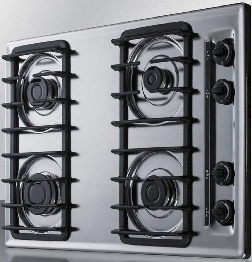 Summit Appliance ZTL053S 30" Wide 4-Burner Gas Cooktop in Brushed Chrome with Cast Iron Grates, Push-to-turn Knobs, Removable Burner Caps