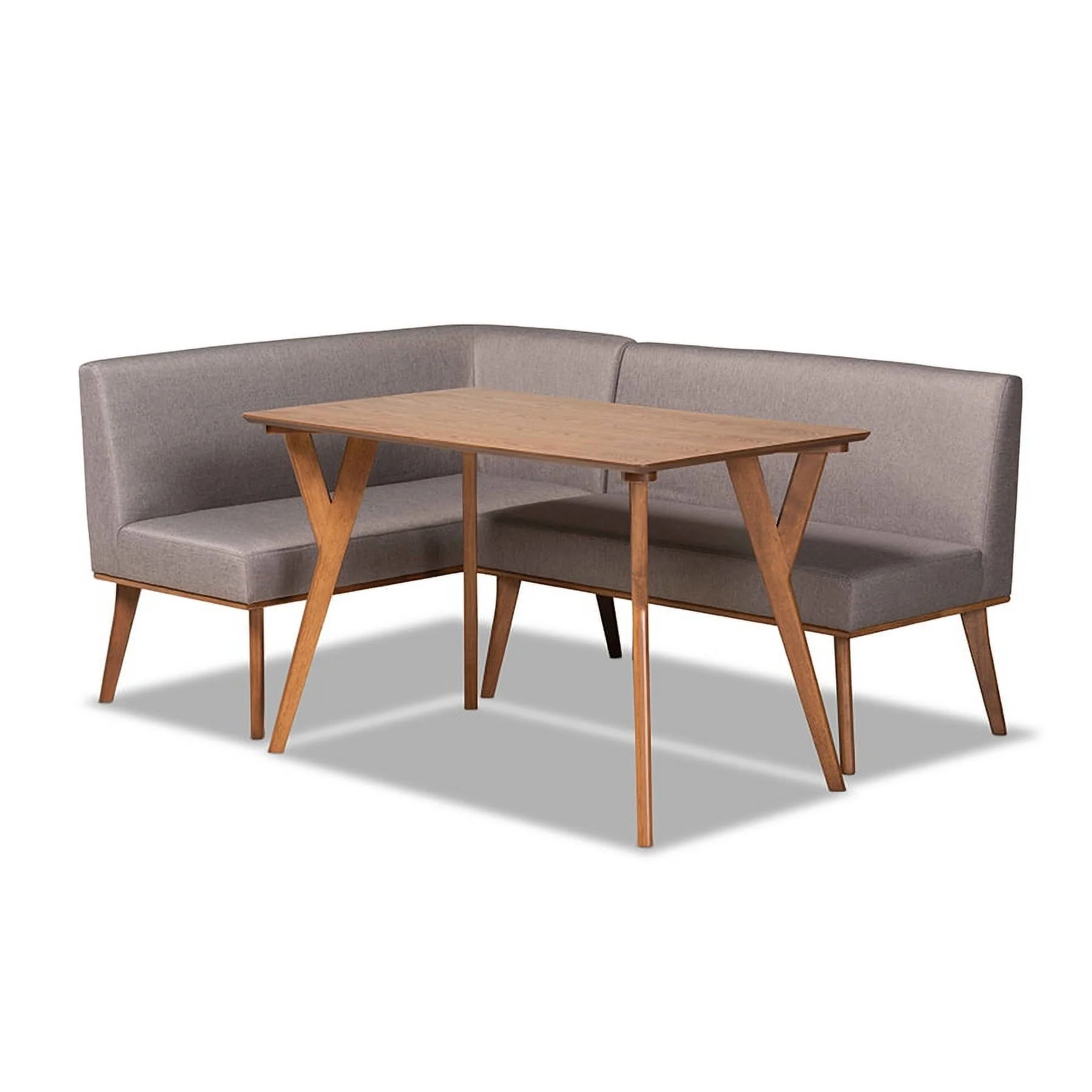 Baxton Studio Odessa Mid-Century Modern Grey Fabric Upholstered and Walnut Brown Finished Wood 3-Piece Dining Nook Set