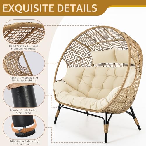 NICESOUL® Double Egg Chair Indoor Outdoor Stationary Oversized Thicken Padded Cushions, 2 Person Egg Loveseat Chair