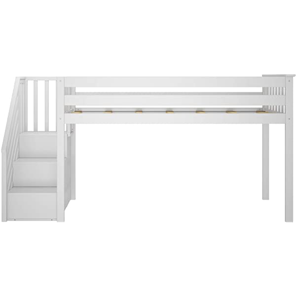 Max & Lily Twin Low Loft Bed with Staircase, White White Low Loft + Staircase Bed