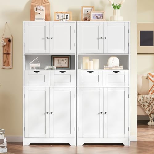 57.8“H Tall Bathroom Cabinet, Storage Cabinet with 2 Drawers & 2 Adjustable Shelves, Bathroom Storage Cabinet with 4 Doors