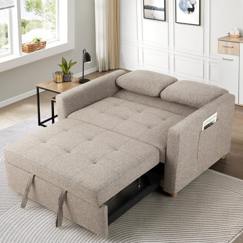 SEJOV 3-in-1 Convertible Sofa Bed, Linen Fabric Sleeper Couch Pull Out Bed, 49" 2-Seater Loveseat Futon Sofa with Spring Support