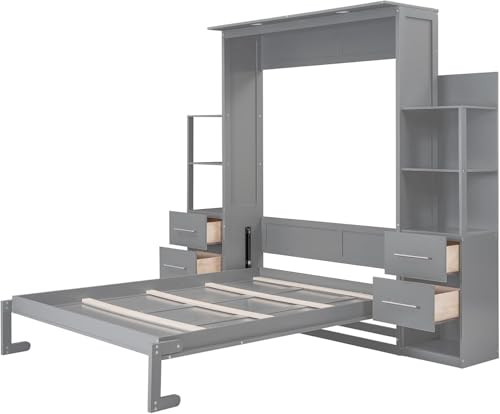 MERITLINE Queen Murphy Bed with Storage Drawers,LED Lights and Shelves,Wood Murphy Wall Bed Cabinet for Adults (Grey)
