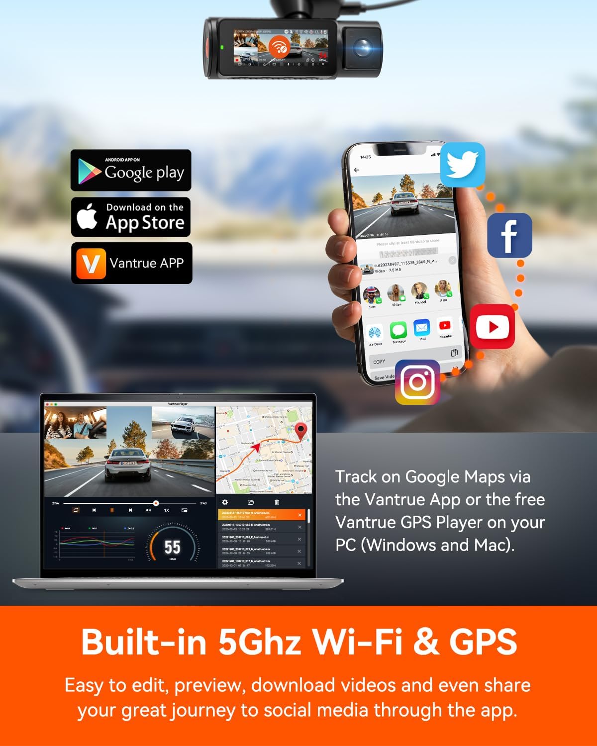 Vantrue N4 Pro 3 Channel 4K WiFi Dash Cam, STARVIS 2 IMX678 Night Vision, 4K+1080P+1080P Front Inside and Rear Triple Car Camera, Voice Control, GPS