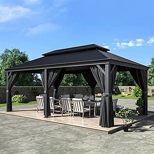 HAPPATIO 12' x 20' Hardtop Gazebo - Galvanized Steel Patio Double Roof Aluminum Gazebo with Curtains and Netting