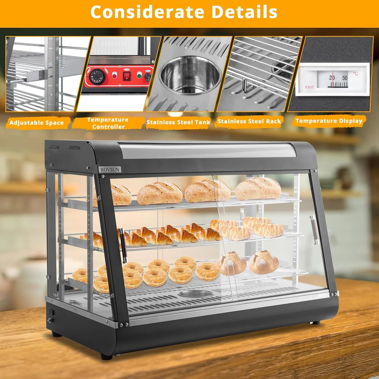 ROVSUN 35" Pizza Warmer Food Warmer Display, 3-Tier Electric Food Warmer Commercial Countertop w/LED Lighting Adjustable Removable Shelves Glass Door