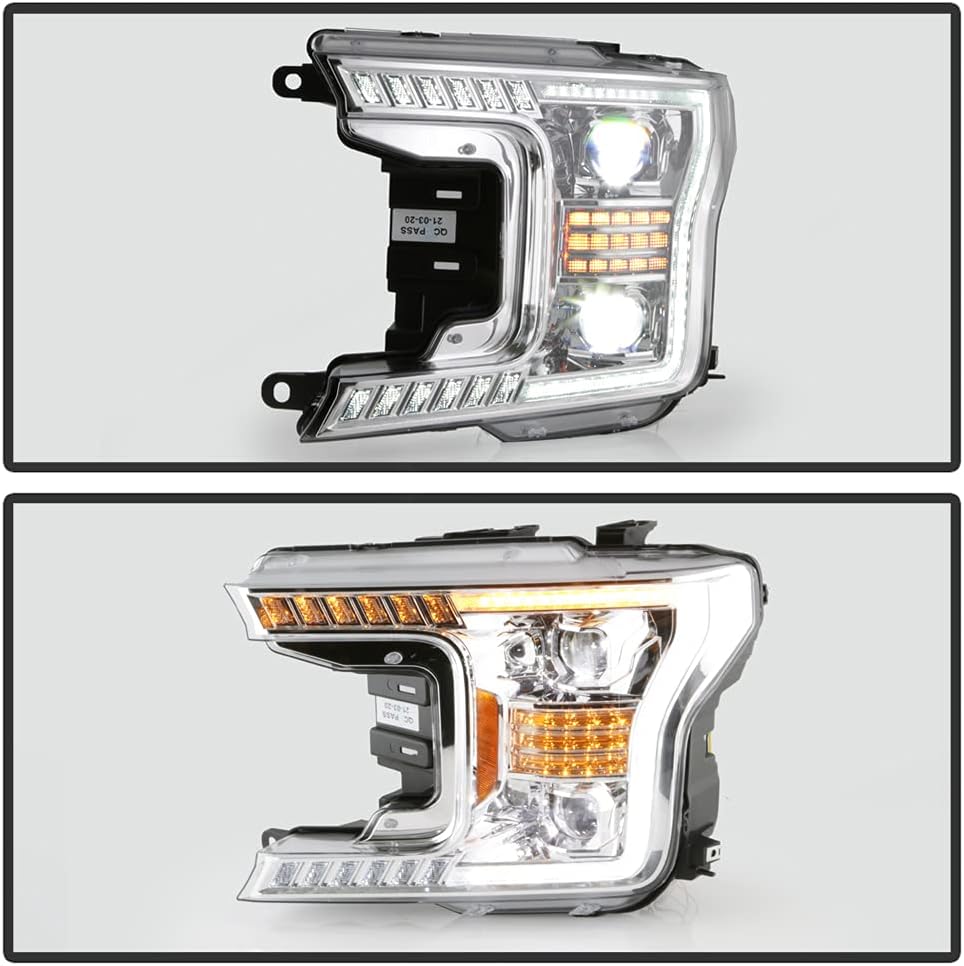 ACANII - For 2018-2020 Ford F150 Chrome LED Tube w/Sequential Signal LED Projector Headlights Headlights Set Left+Right