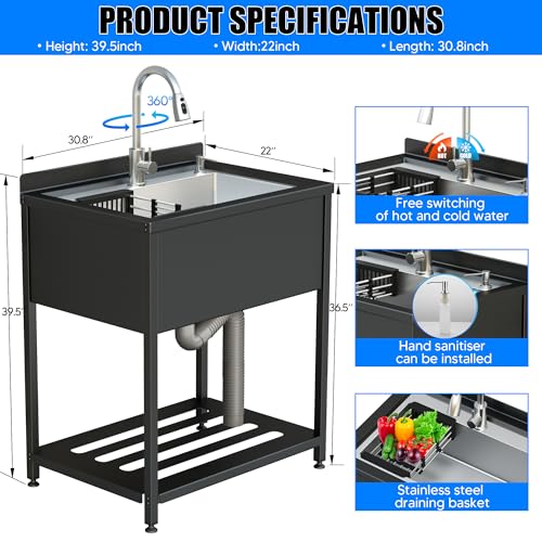 Stainless Steel Utility Sink, 36.6" × 24.2" × 36.6"Freestanding Sink with Cold and Hot Water Faucet,Hoses and Drain Kit for Kitchens, Bathrooms