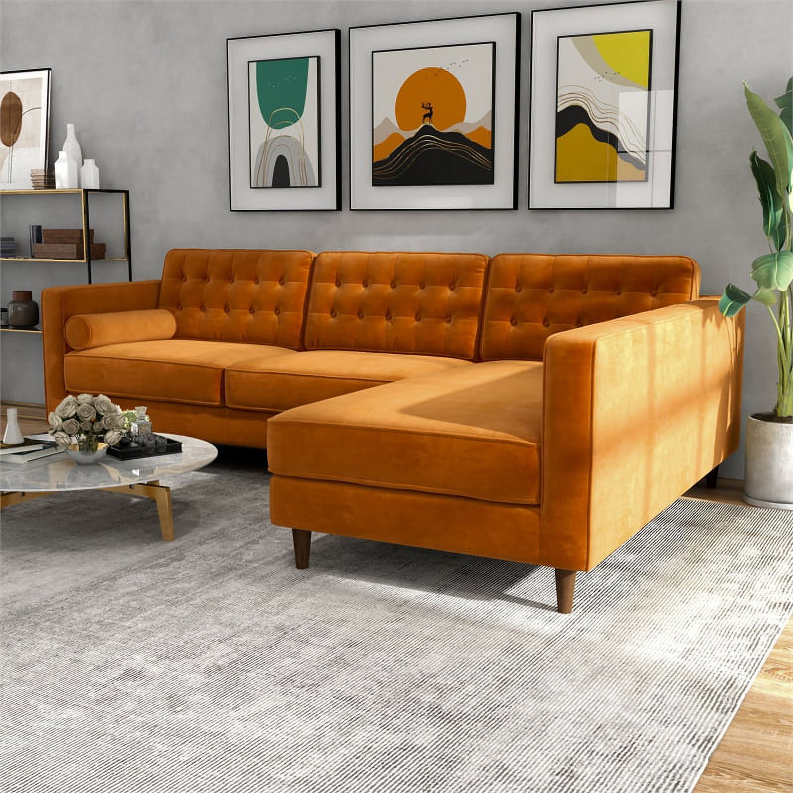 Owen Orange Velvet Modern Living Room Corner Sectional Couch