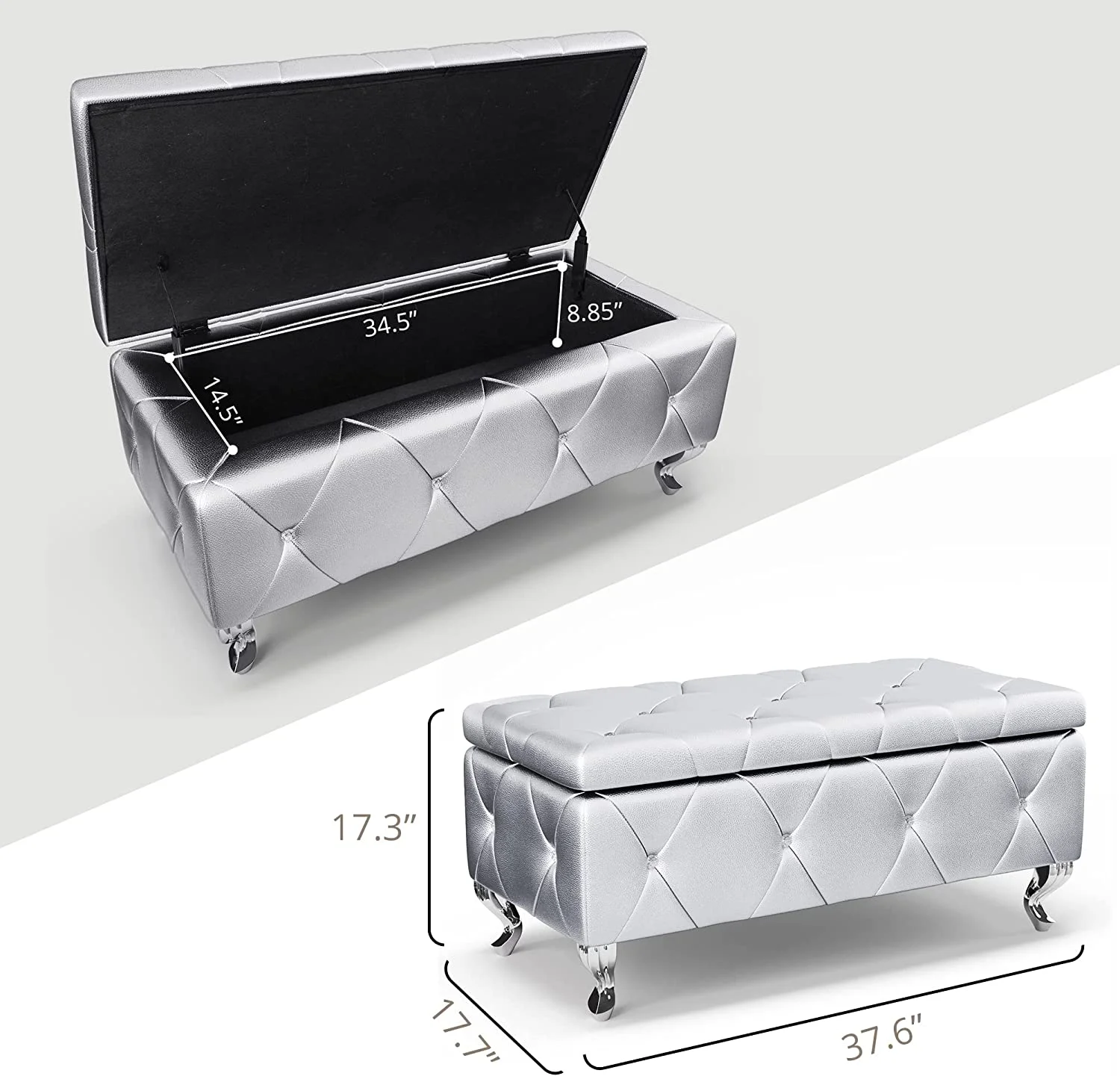 Storage Ottoman Bench, 38'' Upholstered Silver Faux Leather Ottoman with Crystal Tufted Button, Flip Top Foot Rest, End of Bed Bench Seat for Bedroom