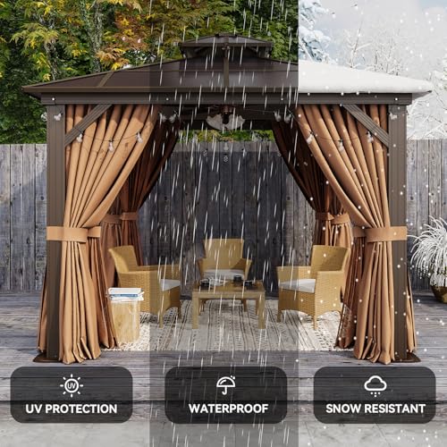 Aoxun 12'x10' Hardtop Gazebo, Aluminum Frame Permanent Pavilion with Curtains and Netting, Outdoor Polycarbonate Double Roof Canopy