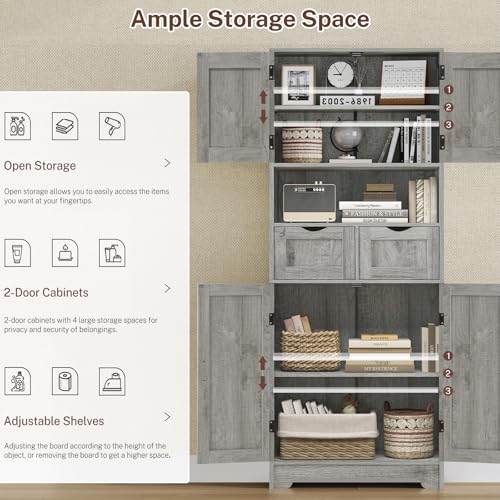 57.8“H Tall Bathroom Cabinet, Storage Cabinet with 2 Drawers & 2 Adjustable Shelves, Bathroom Storage Cabinet with 4 Doors