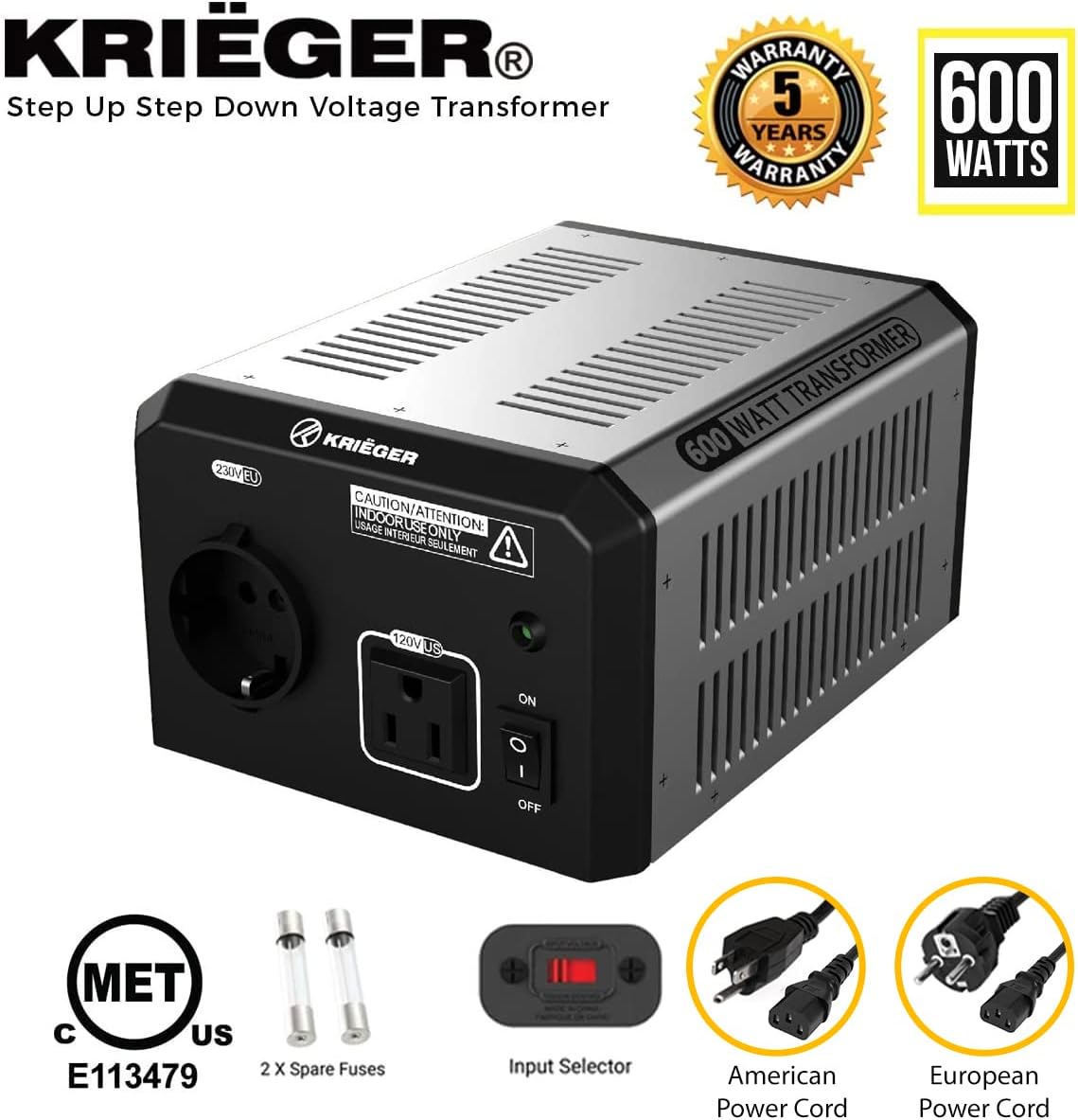 Krieger 600 Watt Voltage Transformer, 110/120V to 220/240V Step Up Step Down Voltage Converter with AC Outlets, MET Approved Under UL, CSA