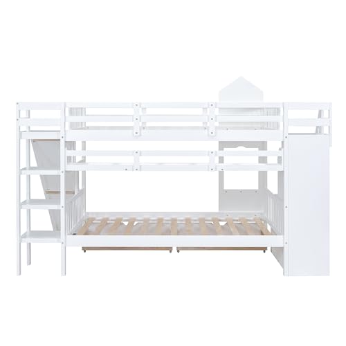 SOFTSEA Twin Over Twin Bunk Bed with Slide and Storage Solid Wood Bunk Bed Frame with Staircase and Drawers, Pink
