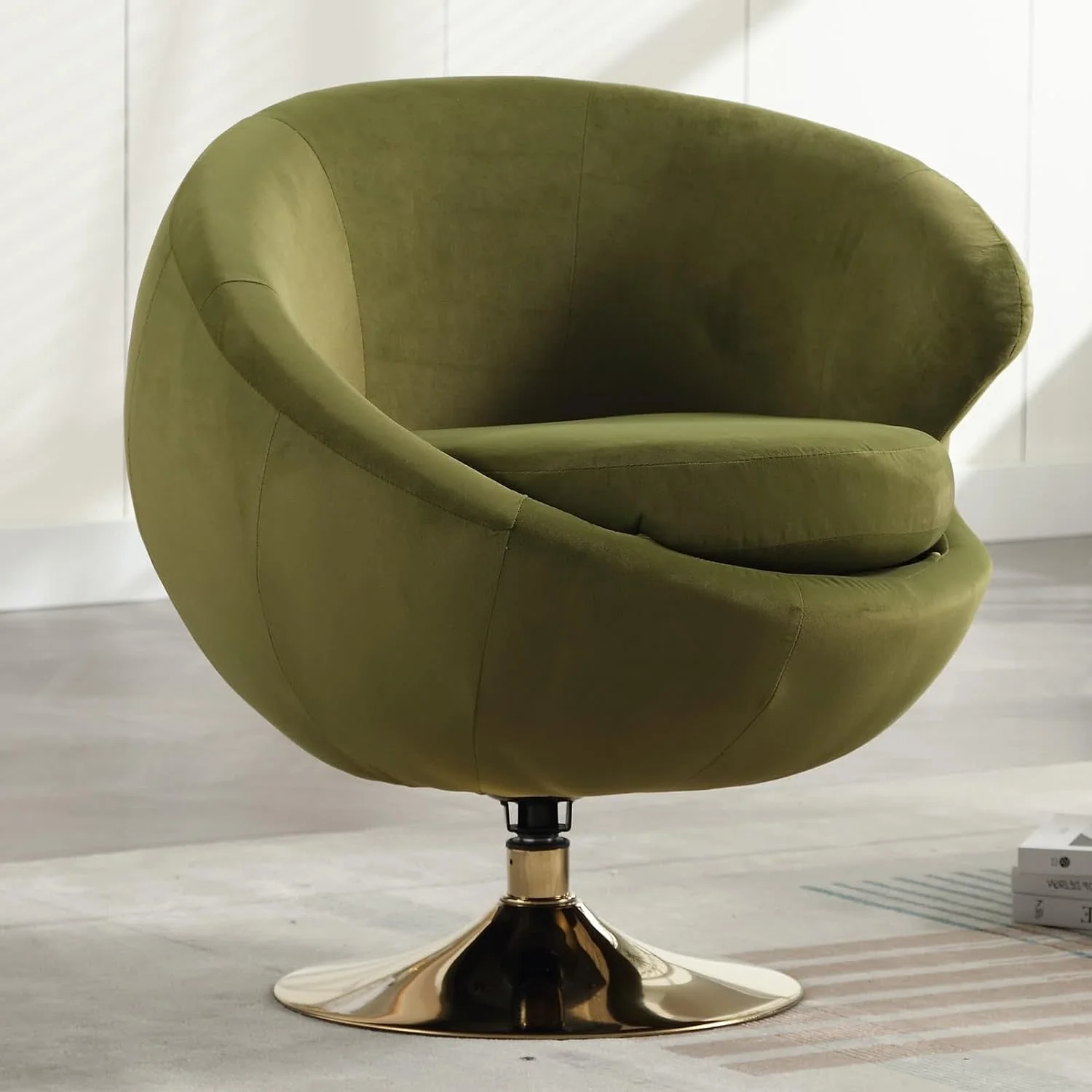 Modern Swivel Barrel Chair, Green Velvet Round Accent Chair, 360 Swivel Cuddle Vanity Chair, Upholstered Arm Chair for Living Room, Bedroom, Hotel