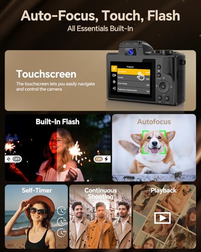 8K Digital Camera for Photography, 88MP Autofocus WiFi Vlogging Camera for YouTube Video with Front and Rear Lens, Flash, Touch Screen, Lens Hood