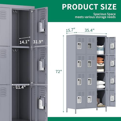 Metal Locker 3 Doors Storage Lockers for Employee,72" Tall Locker with Shelves and Hooks Steel Sports Locker for Office School Office Gym Home Garage