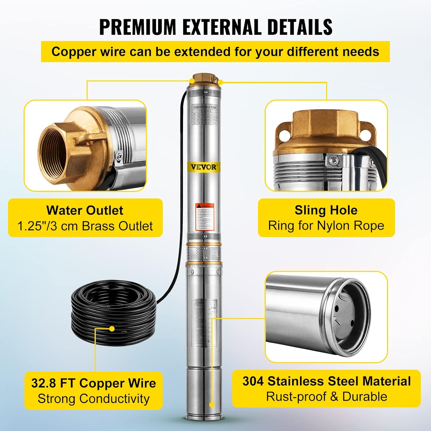 VEVOR Well Pump 1 HP Submersible Well Pump 33GPM Deep Well Pump 207ft Head with 9.8ft Cable Water Well Pumps Submersible Stainless Steel for