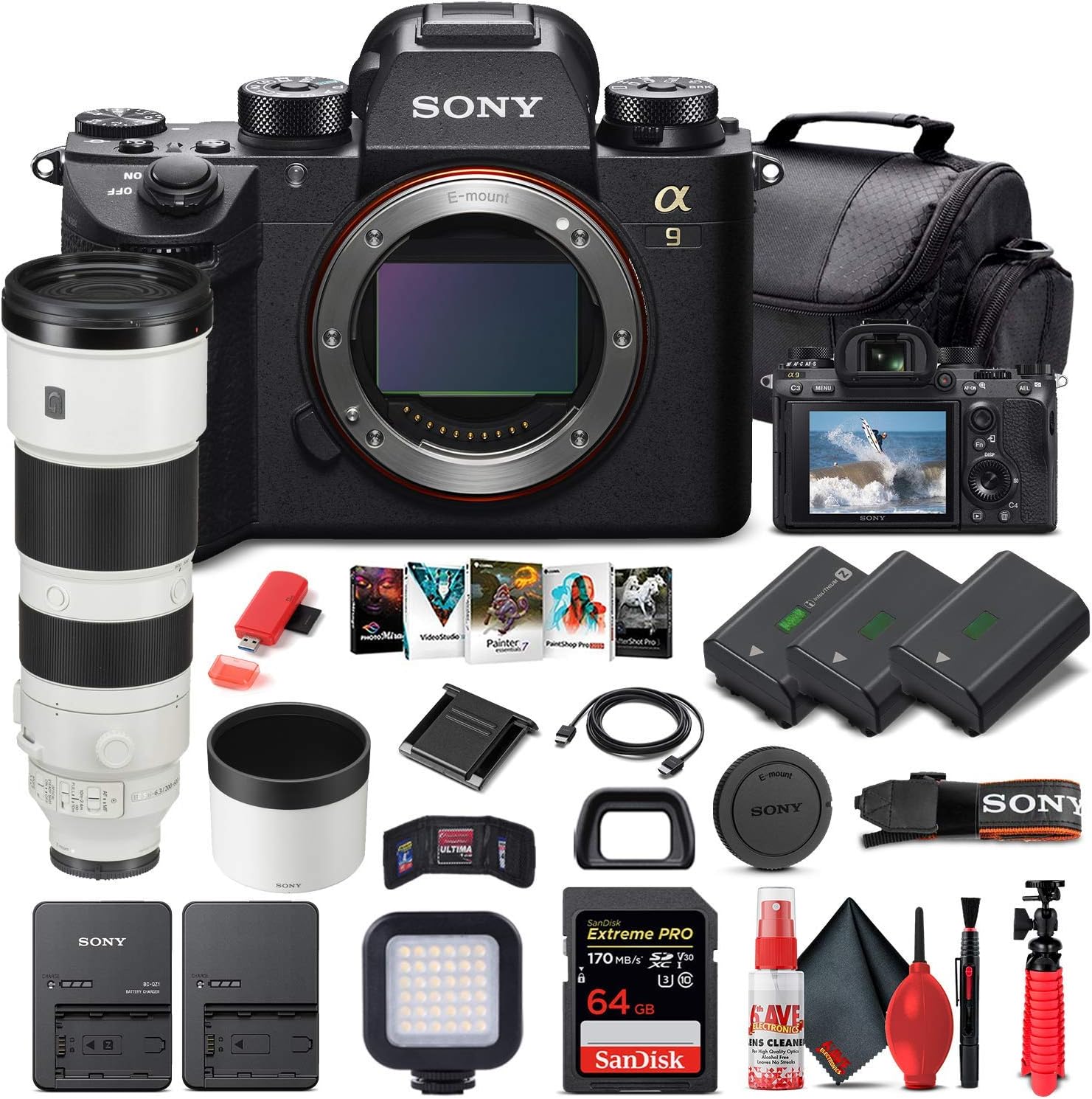 Sony Alpha a9 II Mirrorless Digital Camera (Body Only) (ILCE9M2/B) + Sony FE 200-600mm Lens + 64GB Memory Card + 2 x NP-FZ-100 Battery + Corel Photo